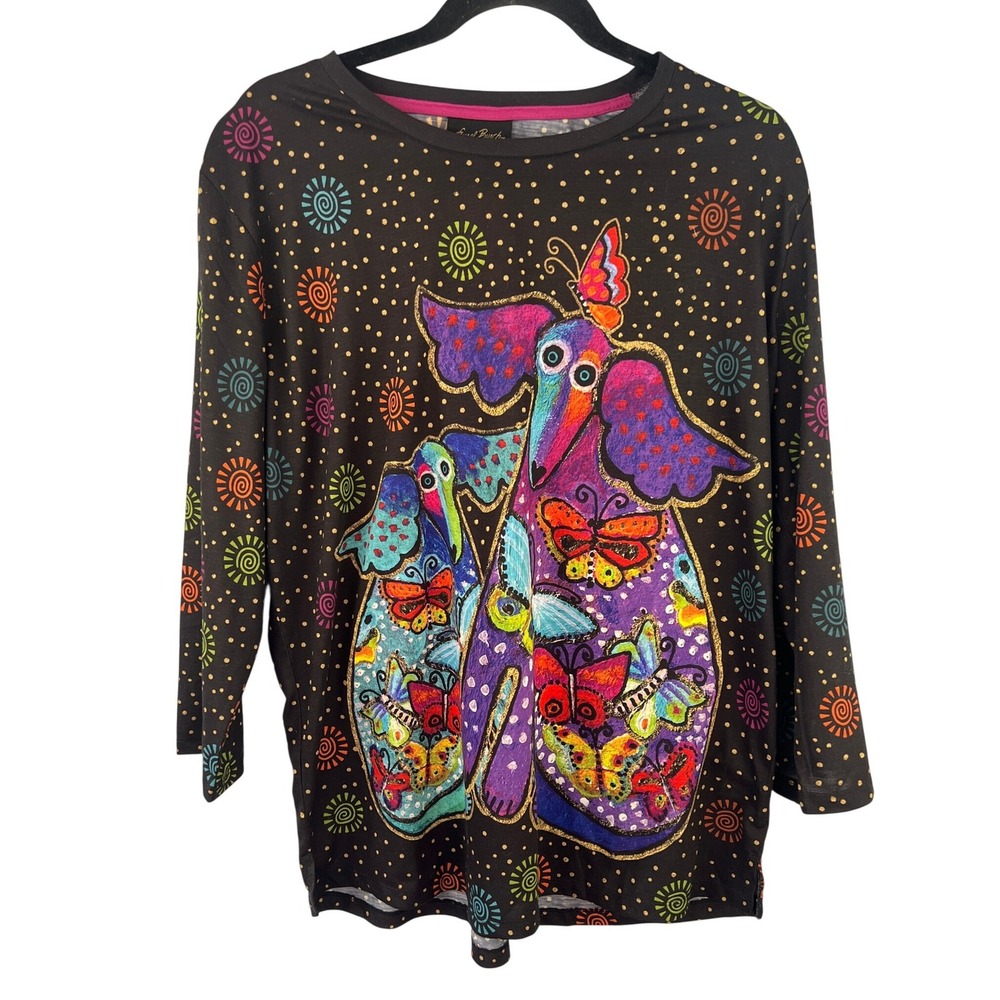 Laurel Burch Black Tunic Top SZ XXL Whimsical Mythical Colorful Butterflies Dogs